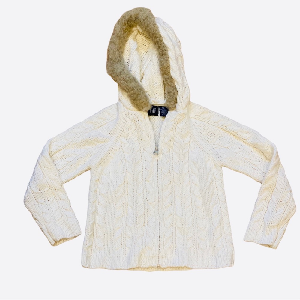 Gap White Cable Knit Zip Cardigan Sweater XS 4 Girls Faux Fur Hood